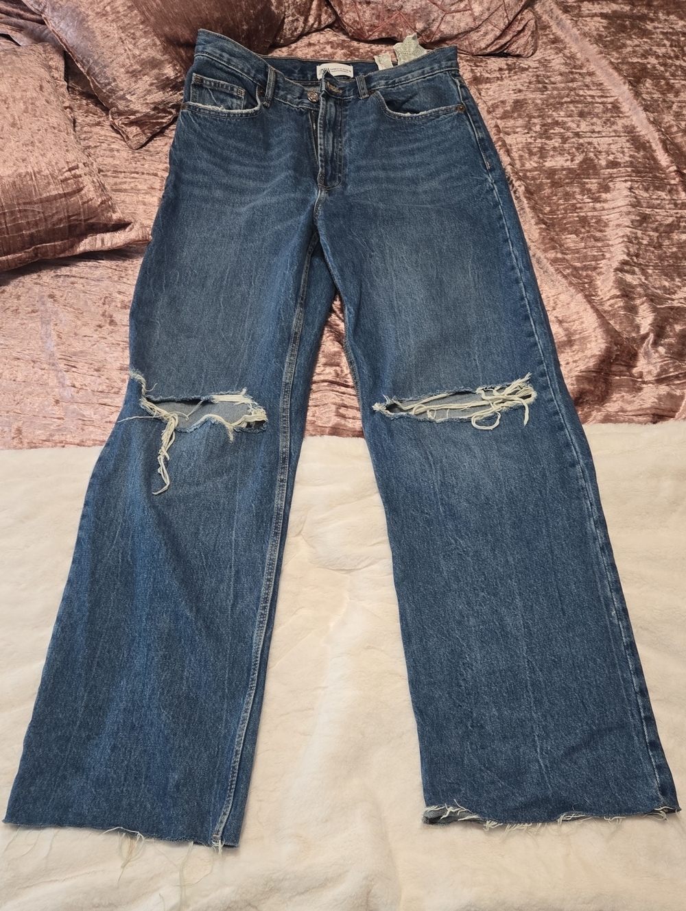 Zara Distressed High-Rise Wide-Leg Jeans - Blue